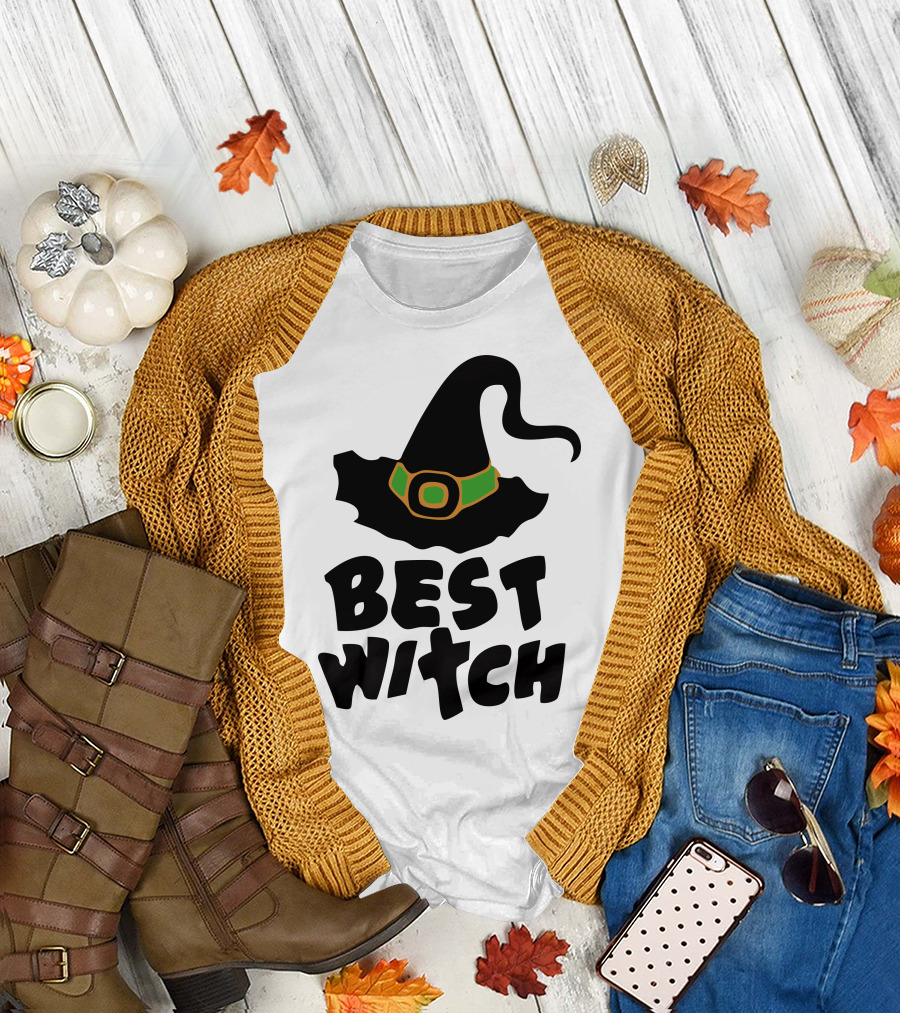 Best Witch Black Wizard Hat Green Buckle T-Shirt