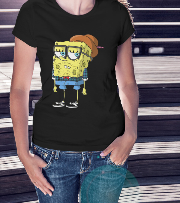 Hipster Spongebob Squarepants Glasses Plaid Shirt Bowtie Fedora Sneakers T-Shirt