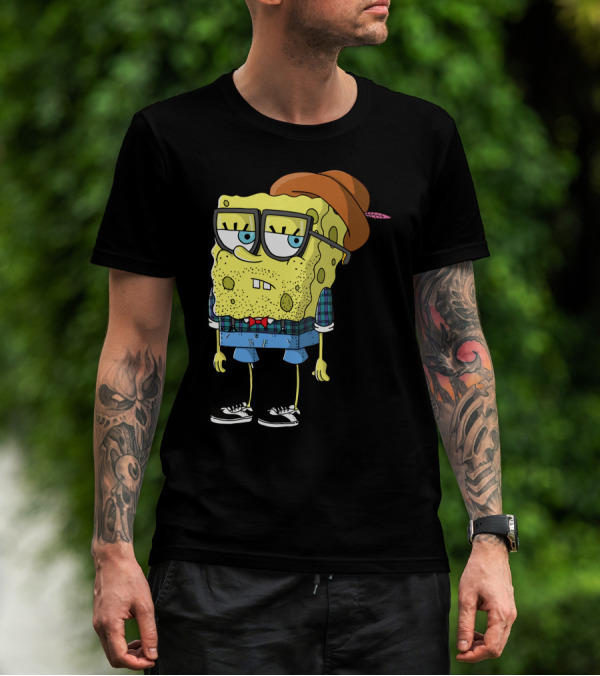 Hipster Spongebob Squarepants Glasses Plaid Shirt Bowtie Fedora Sneakers T-Shirt
