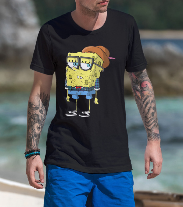 Hipster Spongebob Squarepants Glasses Plaid Shirt Bowtie Fedora Sneakers T-Shirt