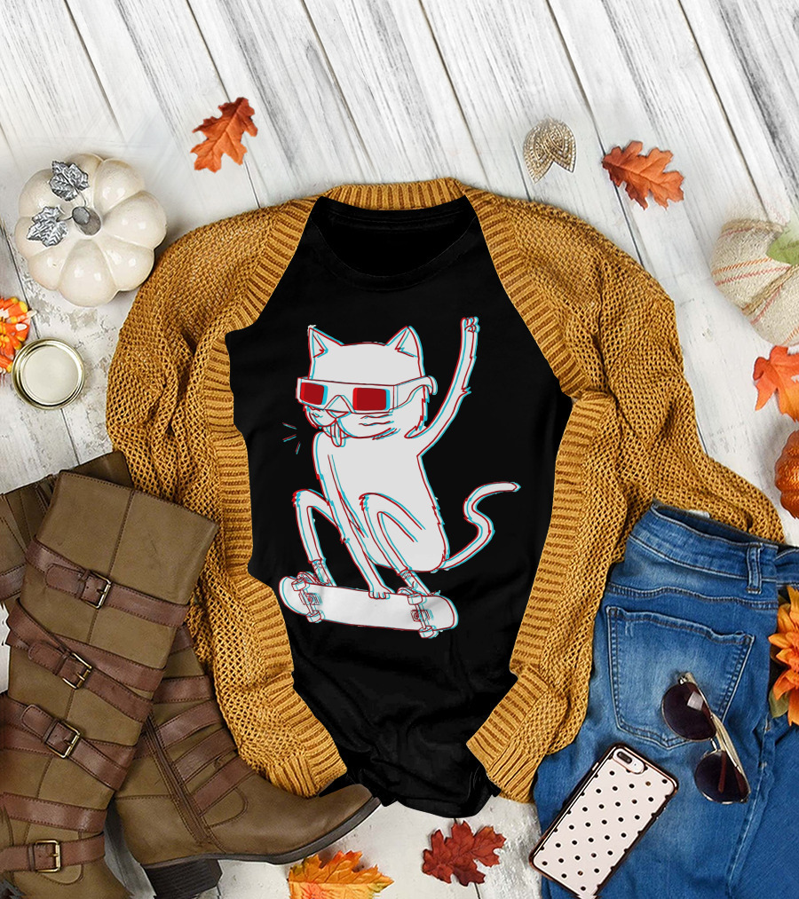 Radicat 3D Glasses Skateboarding Cat T-Shirt