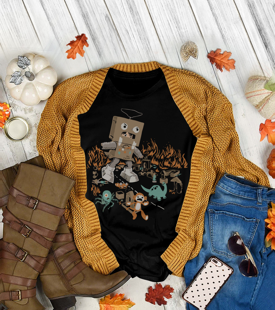 Robotron Cardboard Box Costume Stomps Over Toy Dinosaur and Alien amidst Flames T-Shirt
