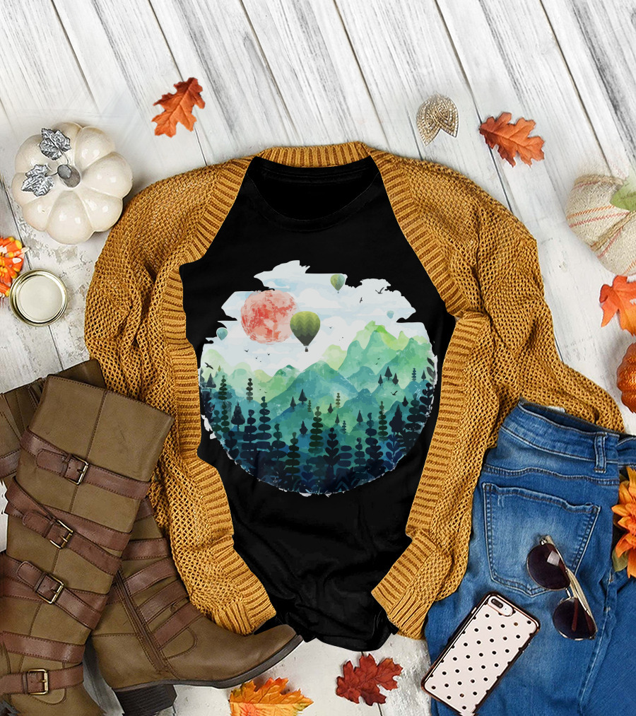 Roundscape Forest Mountains with Hot Air Balloons and Sunset Circle T-Shirt