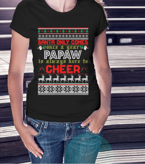 Santa Only Comes Once A Year Papaw Is Always Here To Cheer Christmas Sweater Style With Reindeer And Snowflakes T-Shirt