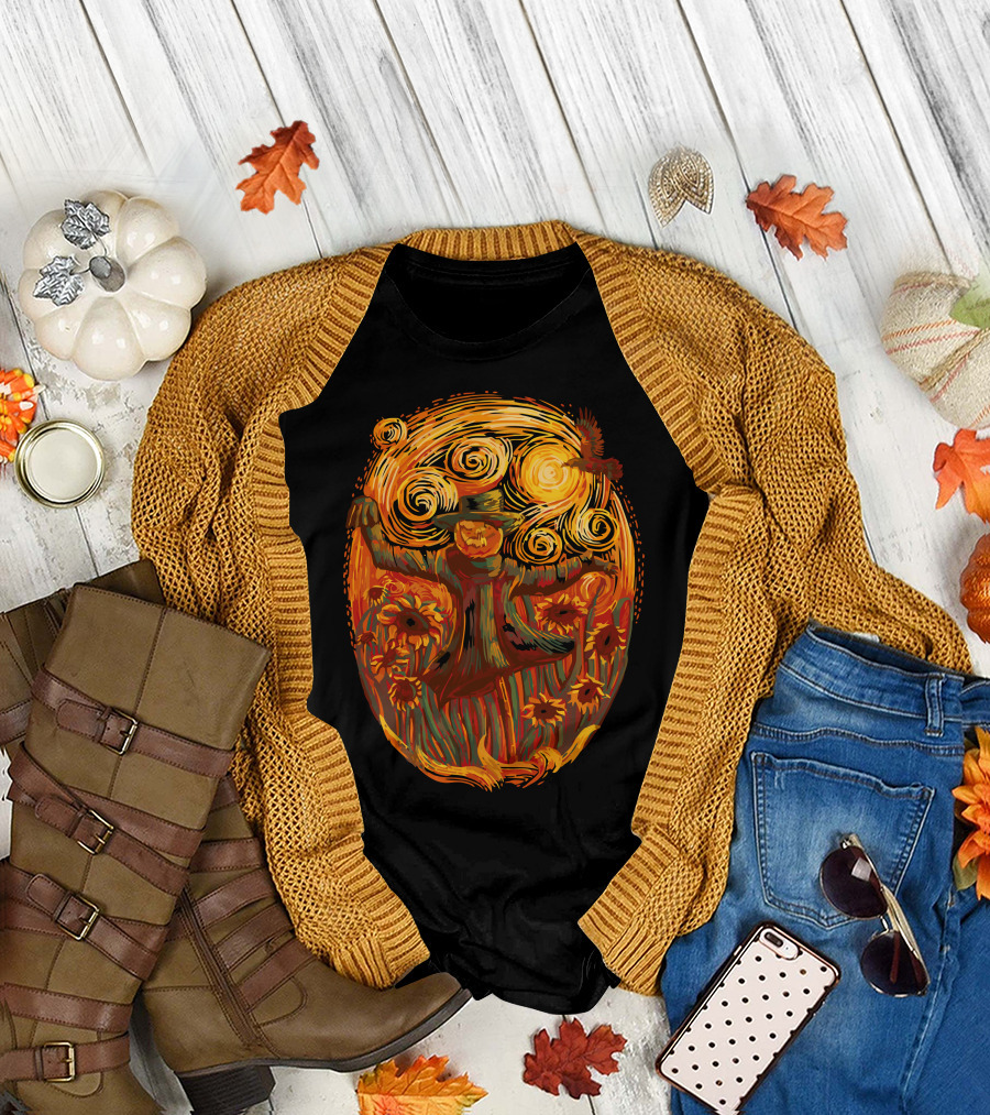 Scarecrogh Sunflowers and Spirals Starry Night T-Shirt