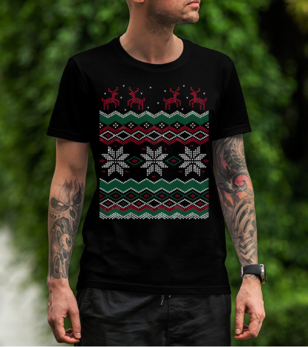 We Wish You An Ugly Christmas Sweater Pattern With Reindeer And Snowflakes T-Shirt