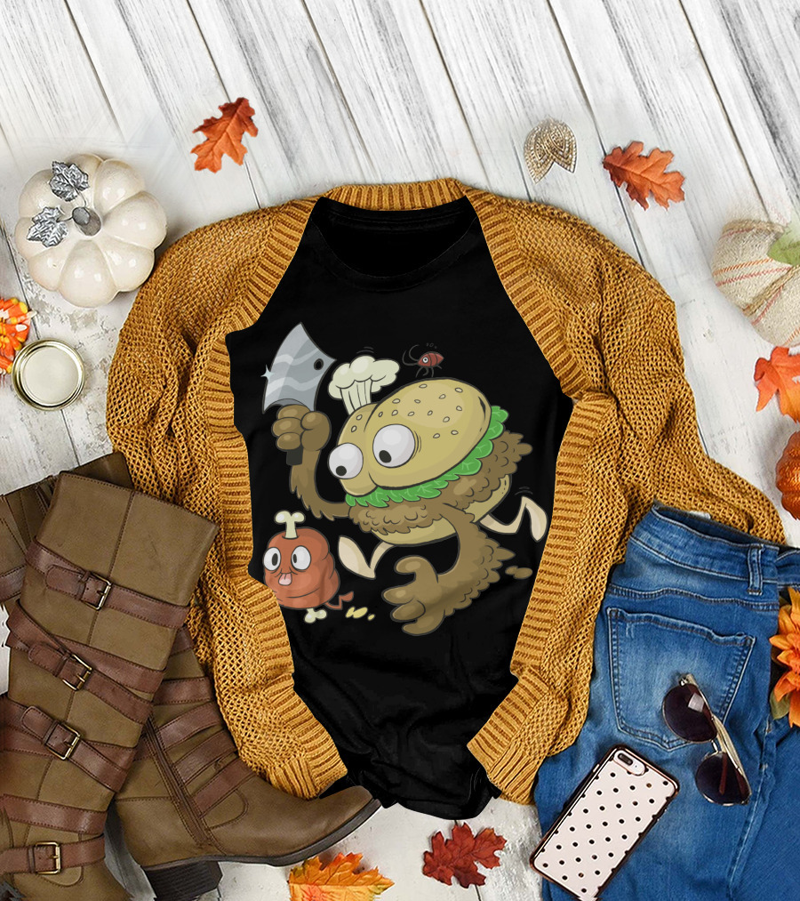 Cahtch A Meat Burger Monster Chef with Cleaver Chasing Chicken Nugget T-Shirt