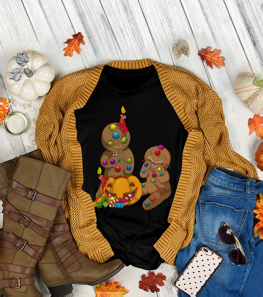 Candy Pumpkin Gingerbread Men with Candies and Jack-O'-Lantern T-Shirt