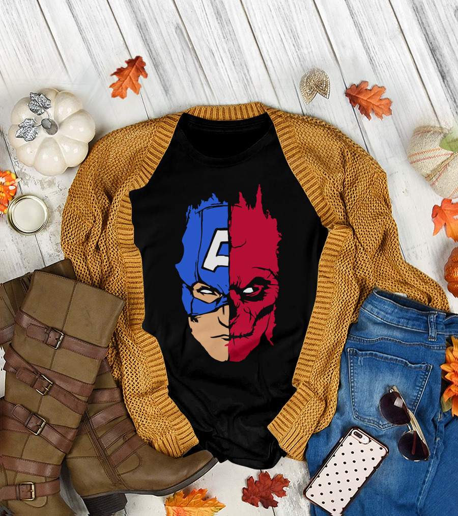 Captain America vs Hydra Red Skull Half-Face Split T-Shirt
