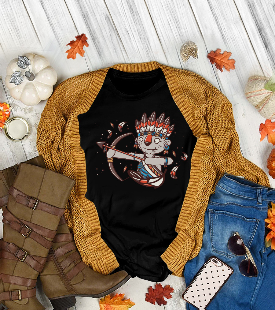 Catkin Tribal Archer with Feather Headdress and Bow and Arrow T-Shirt