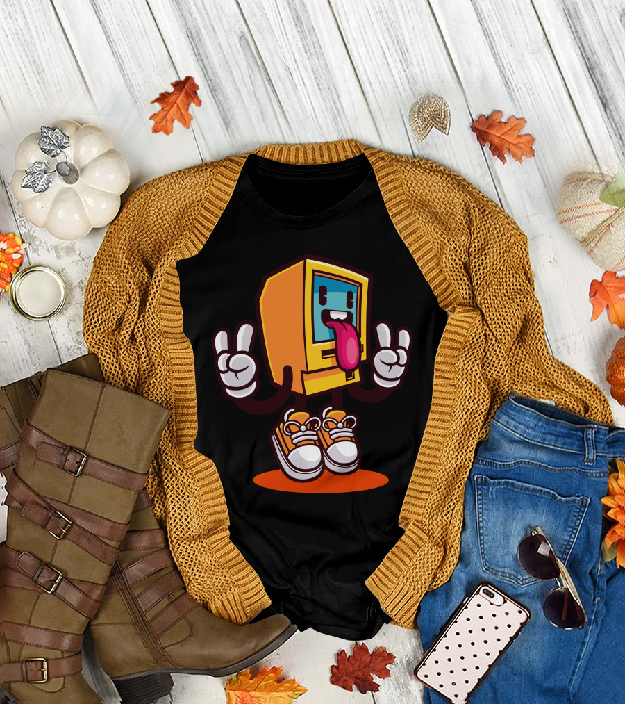 Computer Rock Cartoon Character with Sneakers and Peace Signs T-Shirt