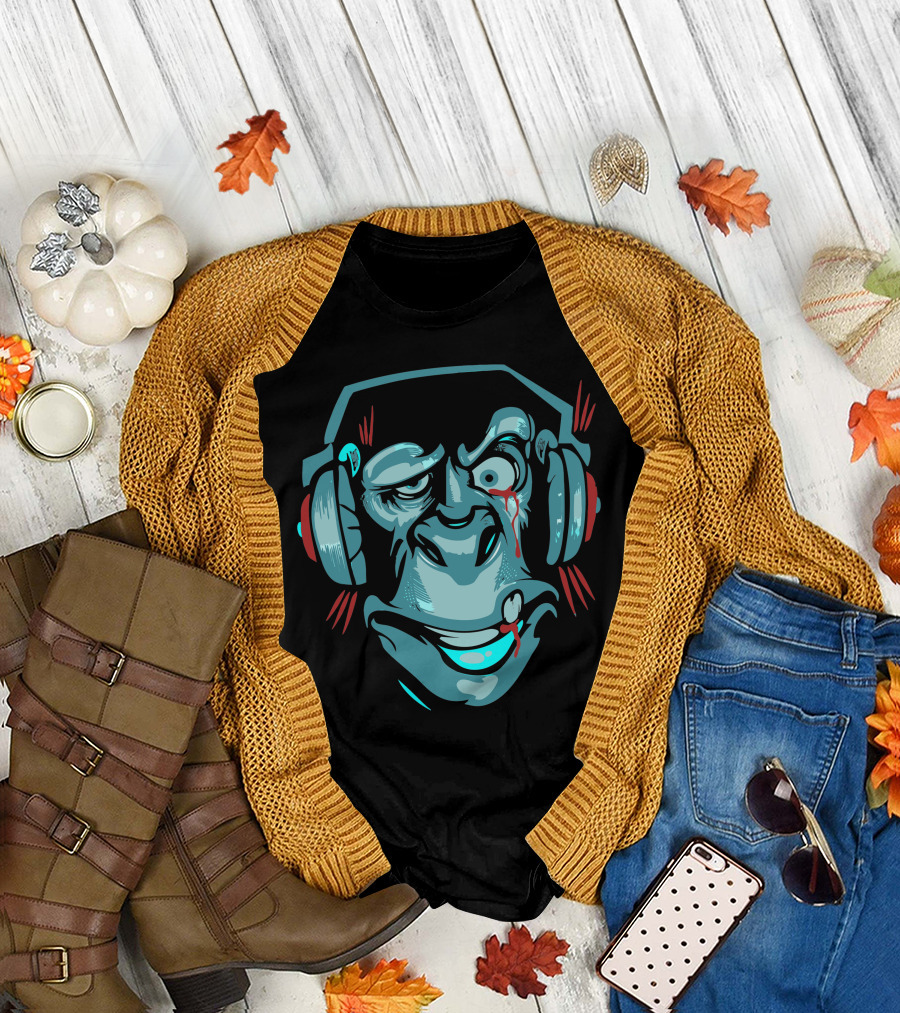 Crazy Monkey Music Headphones Bloodshot Eyes Grimace T-Shirt