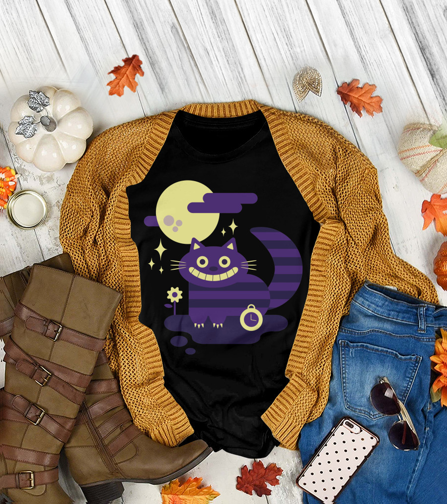 Cheshire Cat Grinning Under Full Moon with Clock and Stripe T-Shirt