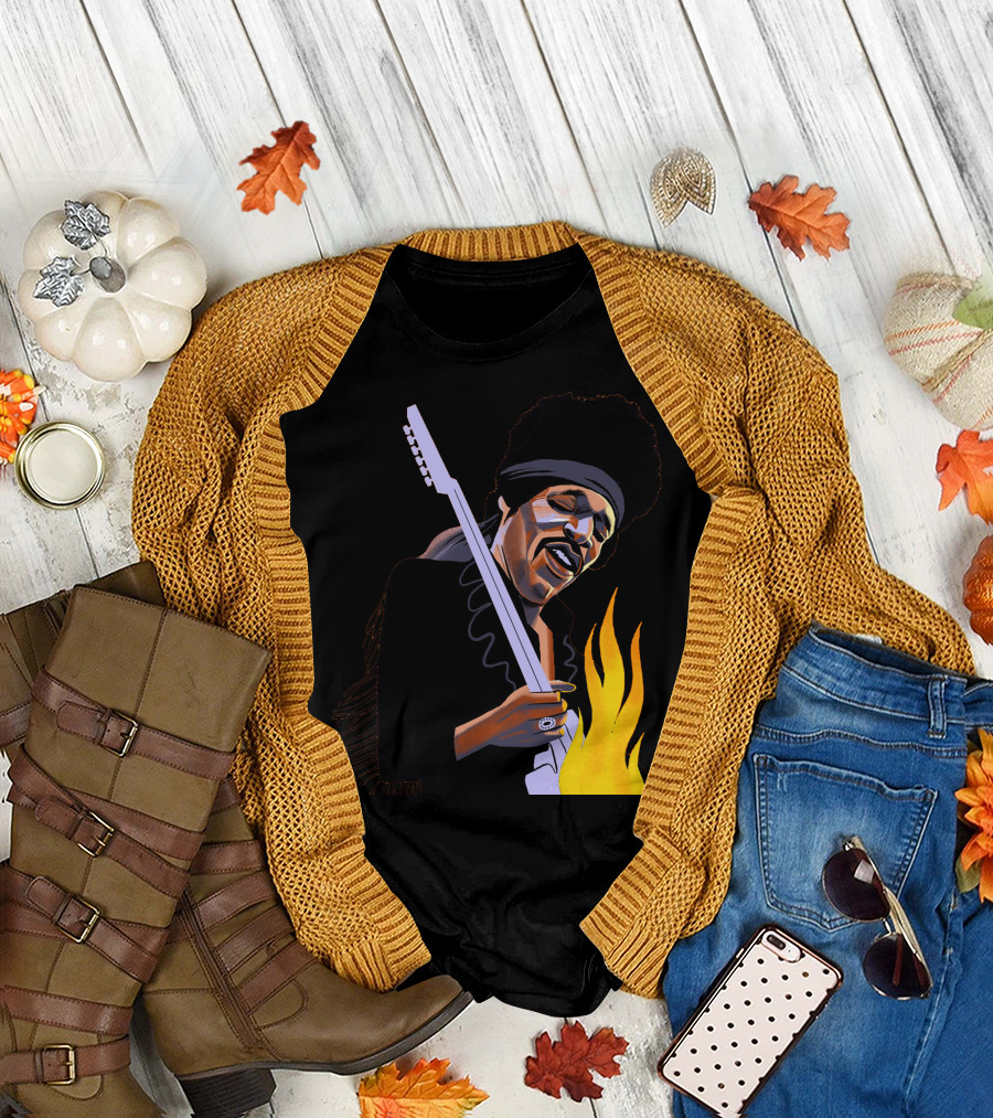 Jimi Hendrix Playing Guitar with Flames T-Shirt