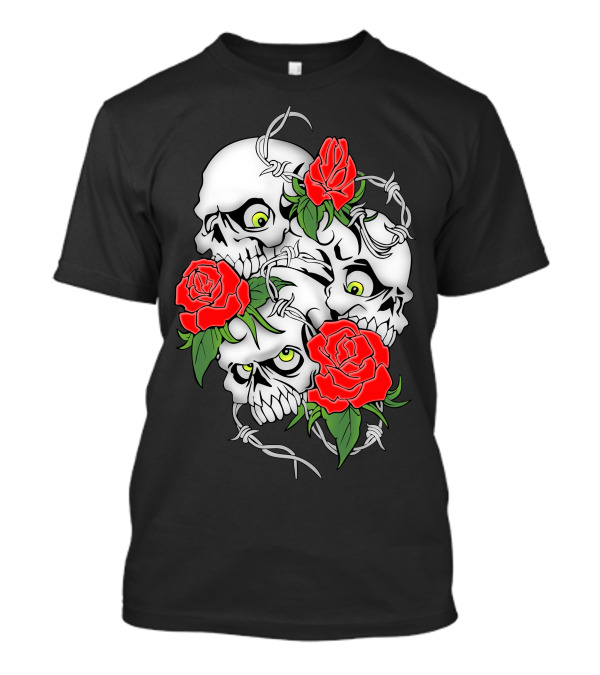 Cool Design Rose And Skulls With Barbed Wire Elements T-Shirt