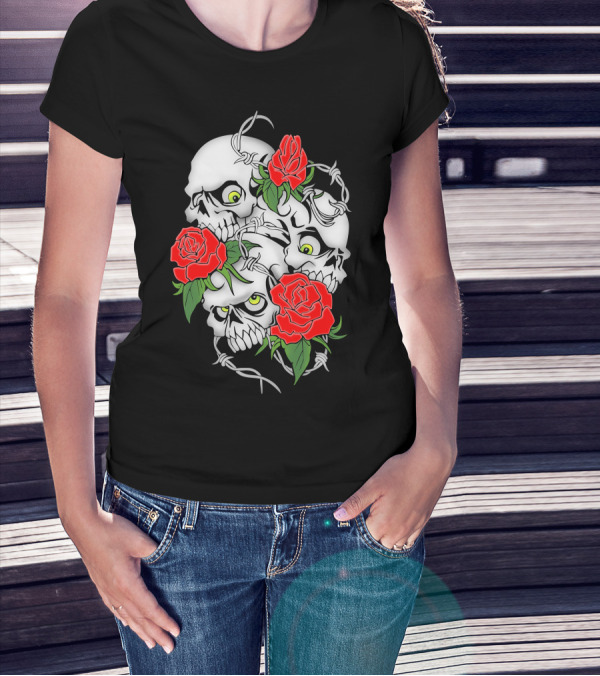 Cool Design Rose And Skulls With Barbed Wire Elements T-Shirt
