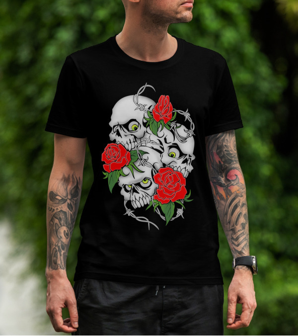 Cool Design Rose And Skulls With Barbed Wire Elements T-Shirt