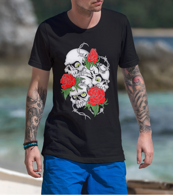 Cool Design Rose And Skulls With Barbed Wire Elements T-Shirt