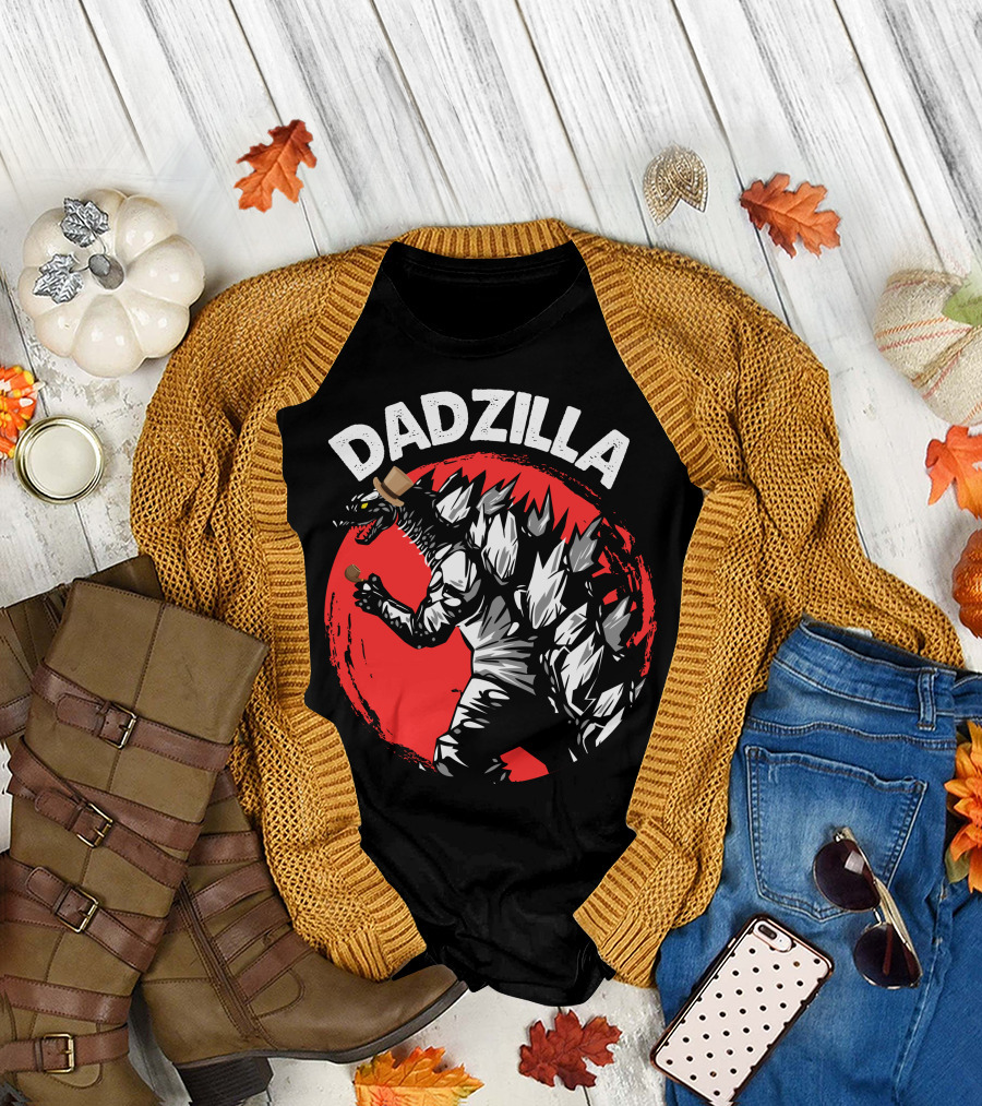Dadzilla Kaiju Monster Holding Beer with Red Sun Background T-Shirt