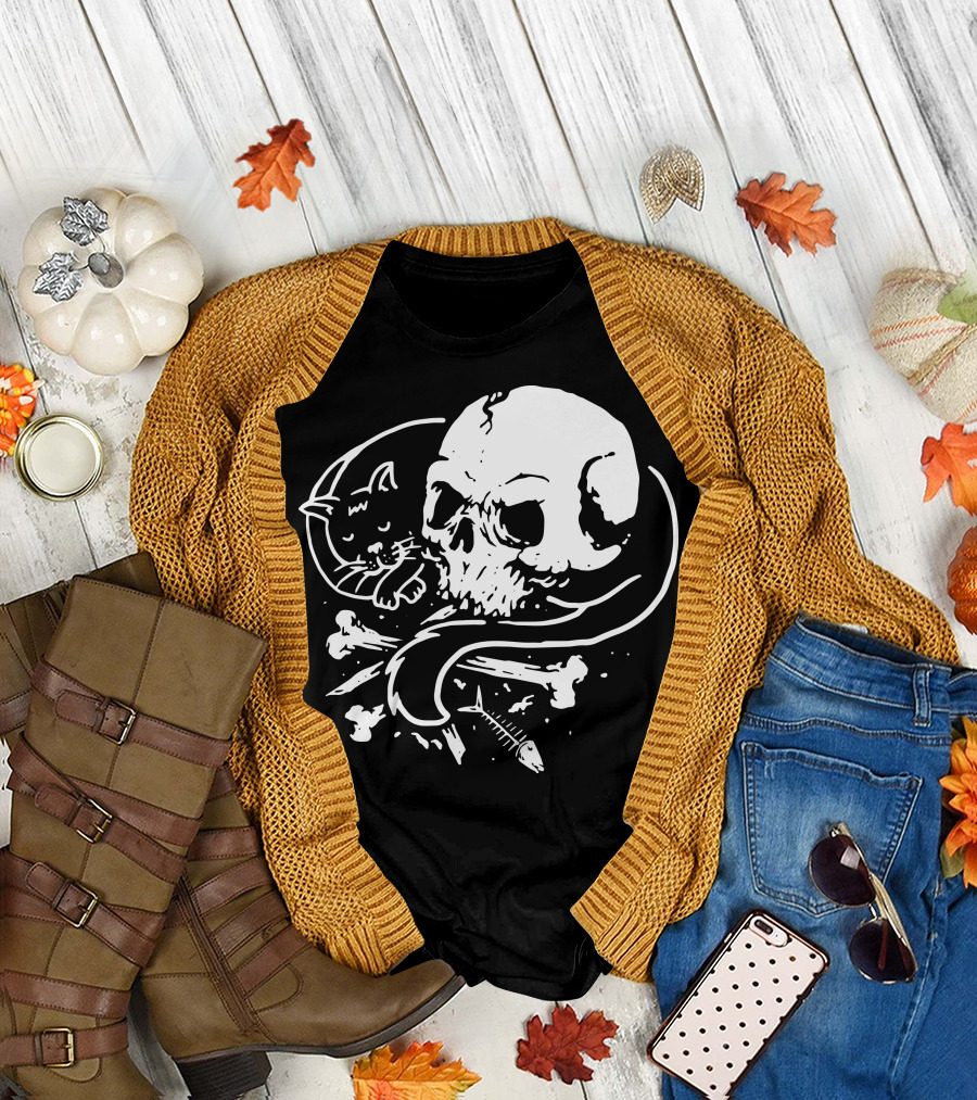 Dark Cat Skull Bones Fish T-Shirt