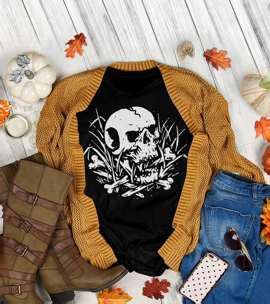 Dark Nature Skull and Bones in Grass T-Shirt