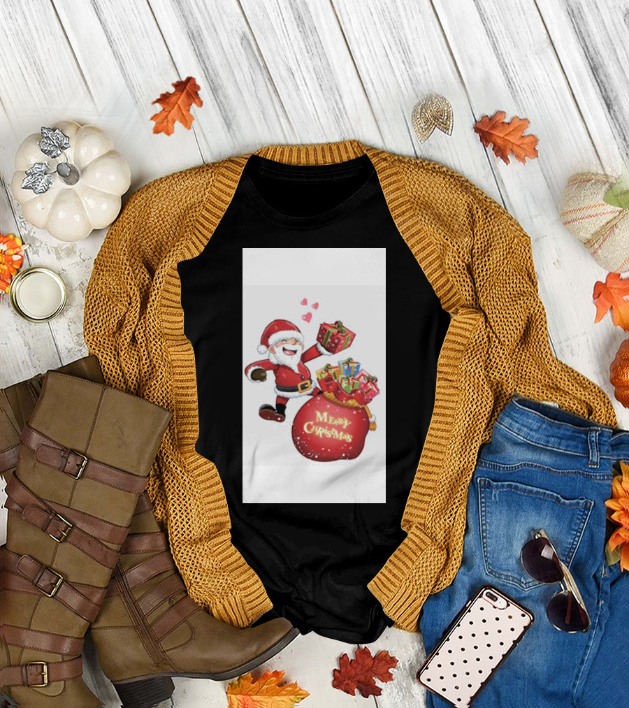 Merry Christmas Santa with Gifts and Hearts T-Shirt