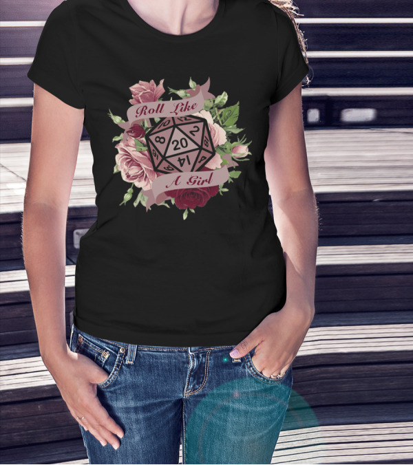 Roll Like A Girl D20 Floral Roses T-Shirt