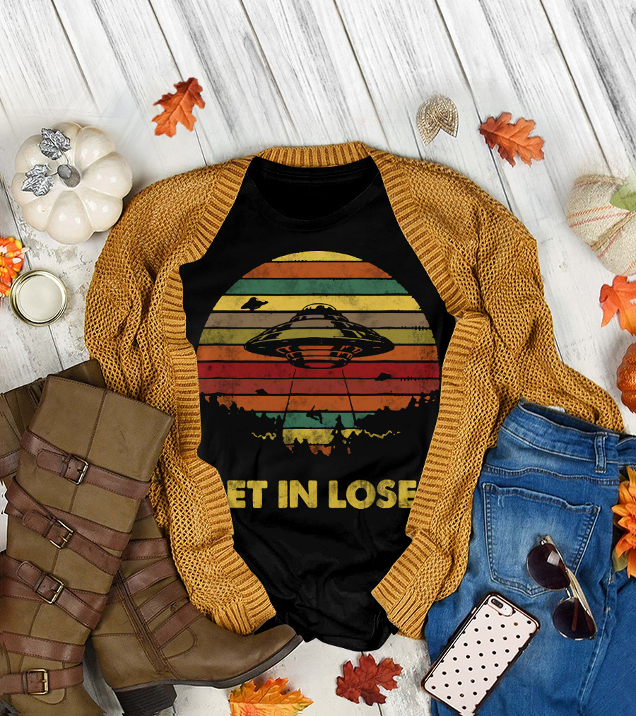 Get In Loser UFO Retro Sunset UFO Abduction Vintage Stripes T-Shirt