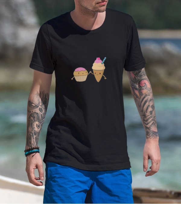 Cupcake And Ice Cream Cute Characters With Smiles And A Pink Cherry Topper T-Shirt