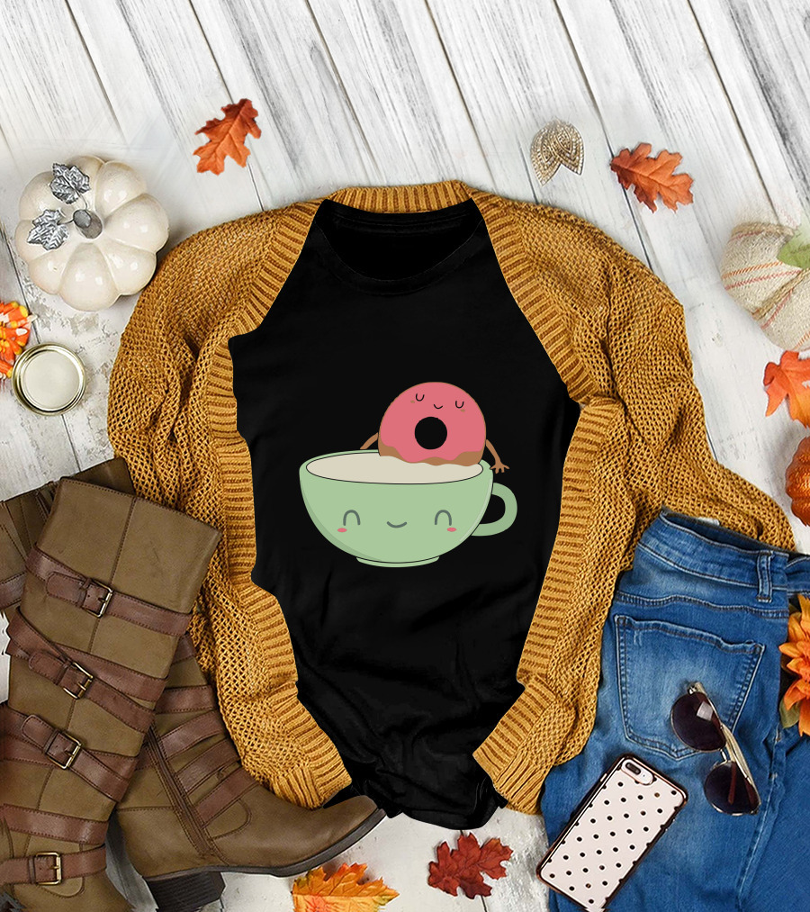 Cute Coffee Donut Smiling Cup and Happy Pink Pastry T-Shirt