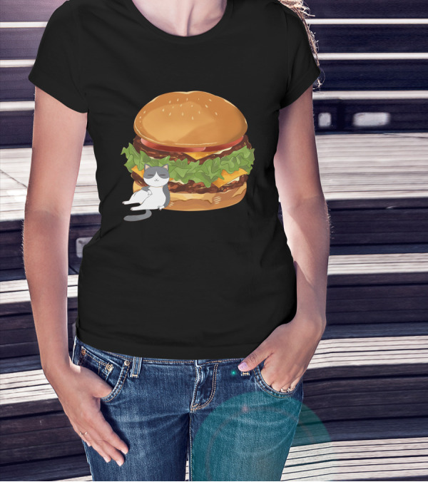 Double Cheese Burger With Relaxed Fat Gray Cat T-Shirt