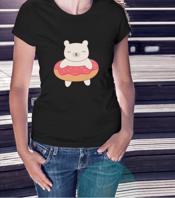 Funny Polar Bear With Pink Frosted Donut T-Shirt