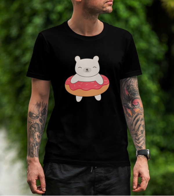 Funny Polar Bear With Pink Frosted Donut T-Shirt