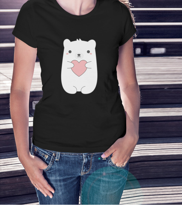 Hearts And Cute Kawaii Polar Bear With Pink Heart T-Shirt