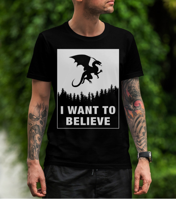 I Want To Believe Dungeons And Dragons Forest Silhouette Dragon Appeal T-Shirt