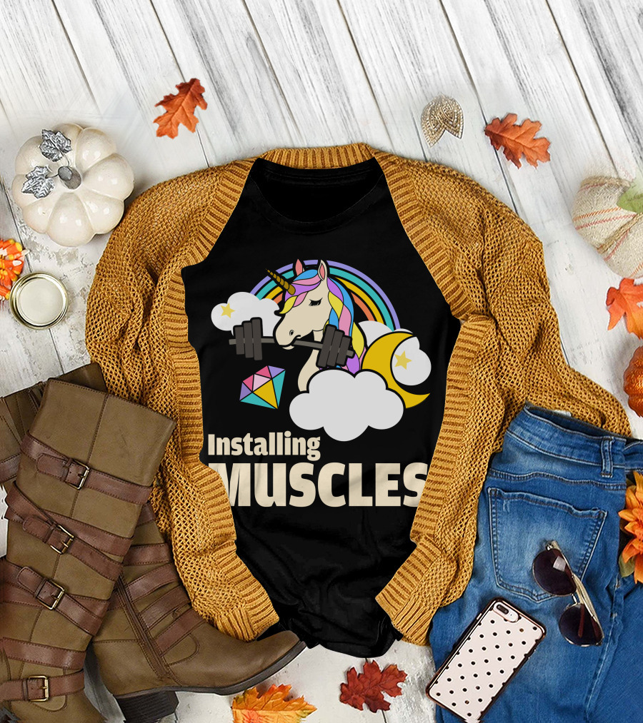 Installing Muscles Unicorn Rainbow Clouds Moon Stars T-Shirt