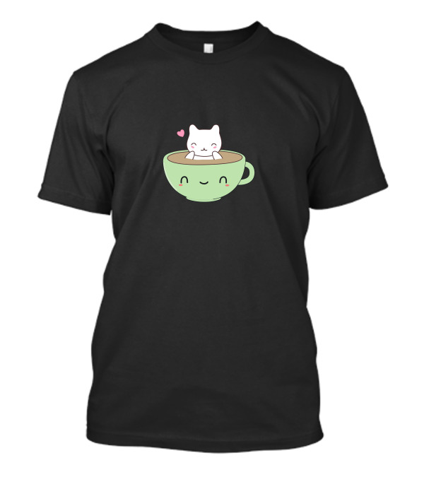 Kawaii Cat Inside Smiling Coffee Cup With Pink Heart T-Shirt