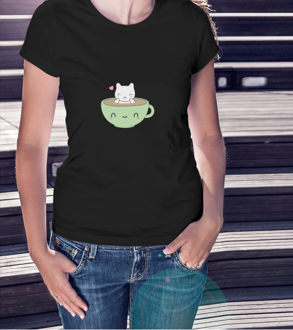 Kawaii Cat Inside Smiling Coffee Cup With Pink Heart T-Shirt