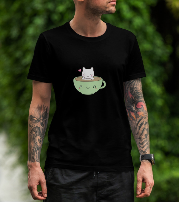 Kawaii Cat Inside Smiling Coffee Cup With Pink Heart T-Shirt