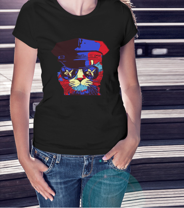 Police Cat Hat Cat In Sunglasses Psychedelic T-Shirt