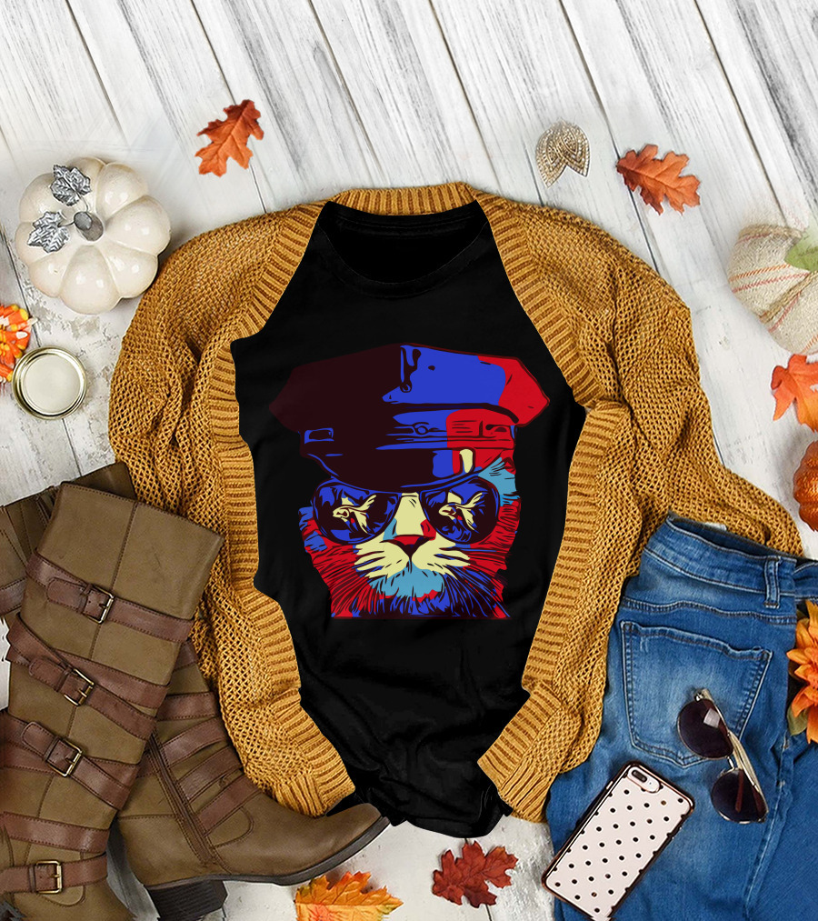 Police Cat Hat Cat in Sunglasses Psychedelic T-Shirt