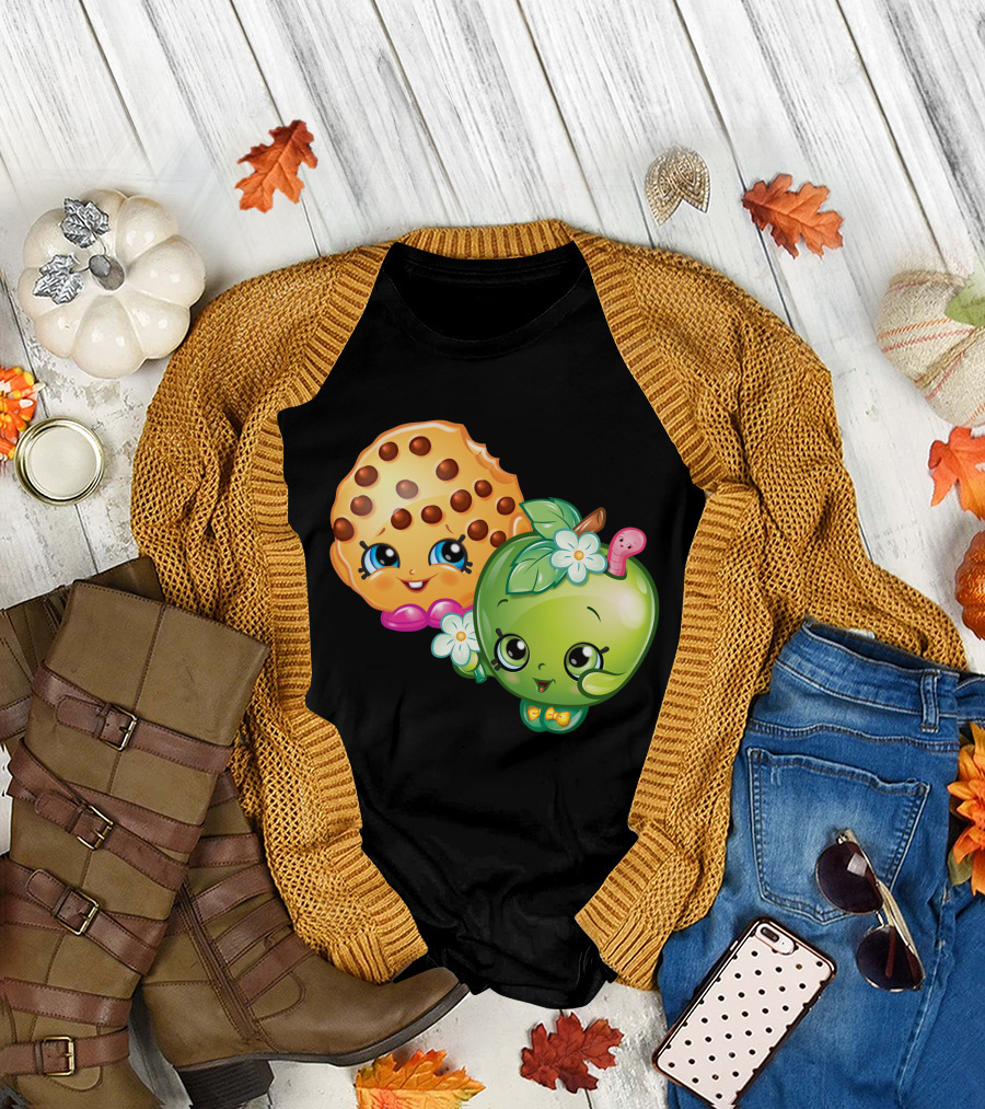 Strawberry Girl Cookie and Apple Characters with Flowers and Worm T-Shirt