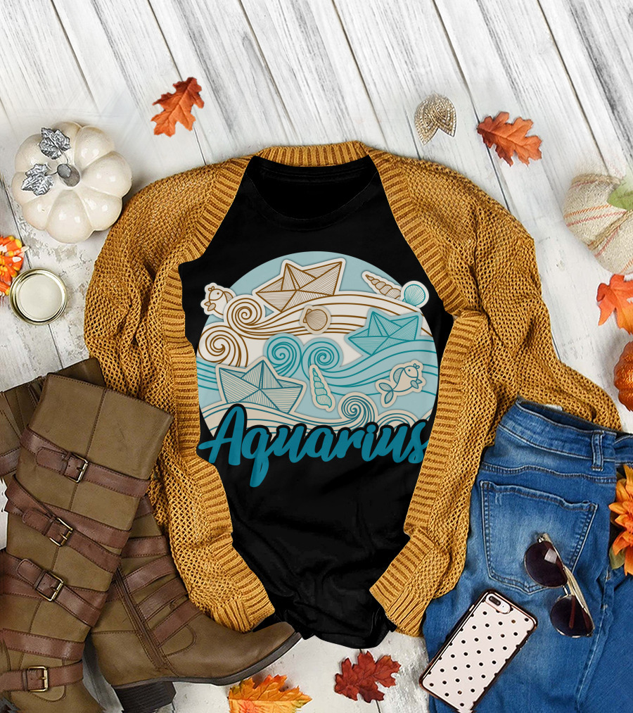 Aquarius Paper Boats and Ocean Waves T-Shirt