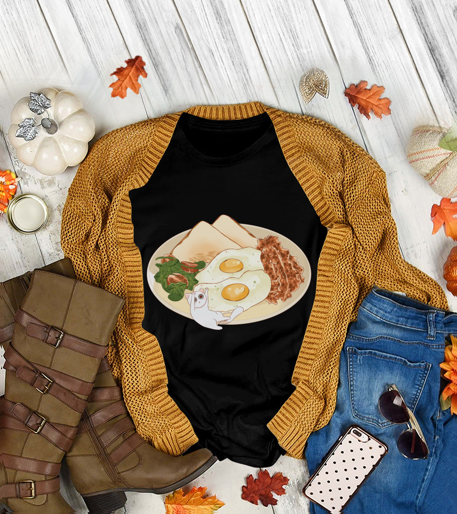 Plate of Eggs Bacon Toast Cat Breakfast With The Blue T-Shirt