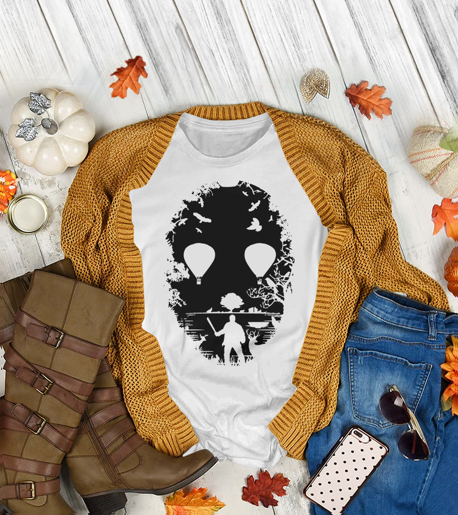 Crystal Lake Jason Mask Forest Silhouette with Hot Air Balloons T-Shirt