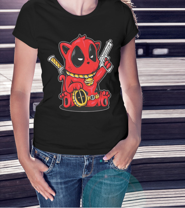 Kittypool Deadpool Cat Mashup With Gun And Sword T-Shirt