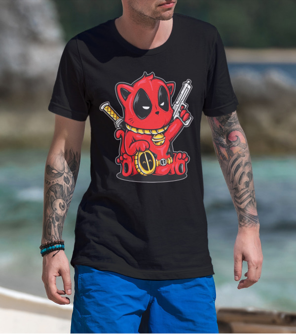 Kittypool Deadpool Cat Mashup With Gun And Sword T-Shirt