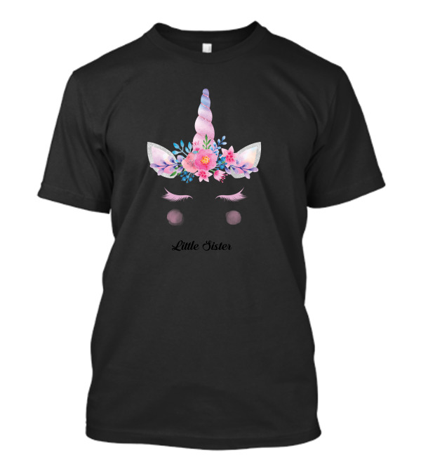 Little Sister Pastel Unicorn With Floral Crown And Eyelashes T-Shirt