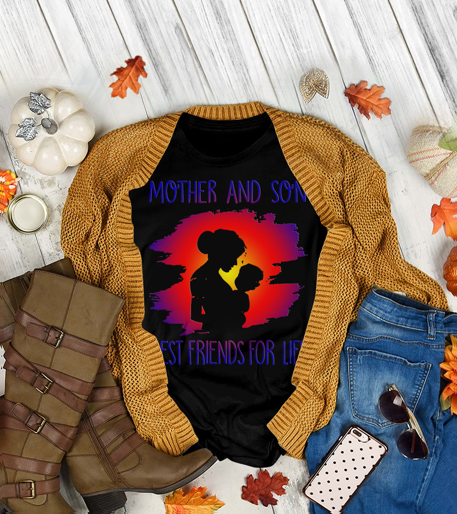 MOTHER AND SON BEST FRIENDS FOR LIFE Silhouette with Red Yellow Purple Background T-Shirt