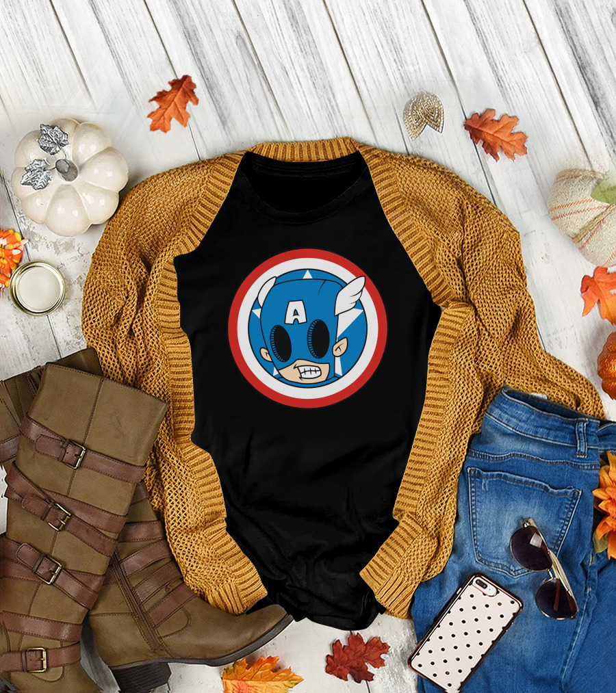 Angry Captain Shield Face with Star and Wings T-Shirt